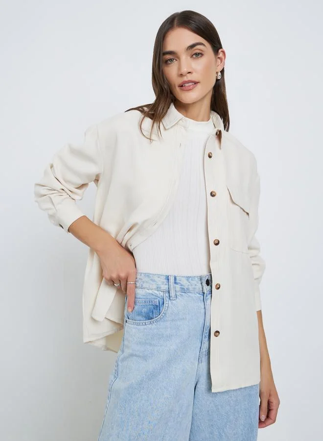 Styli Styli Cream Long Sleeve Shirt with Pocket