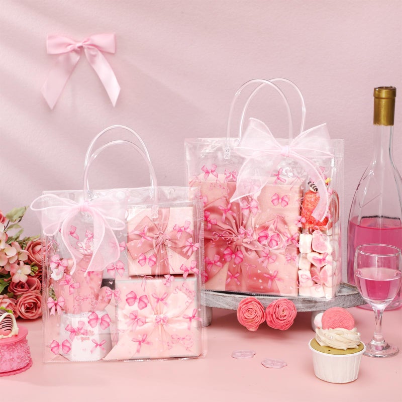 Wesnoy 24 Pcs Pink Bow Clear PVC Gift Bags with Handle and Ribbon Coquette Bowknot Reusable Plastic Party Favor Candy Treat Tote Bags for Birthday Party Supplies - Image 2