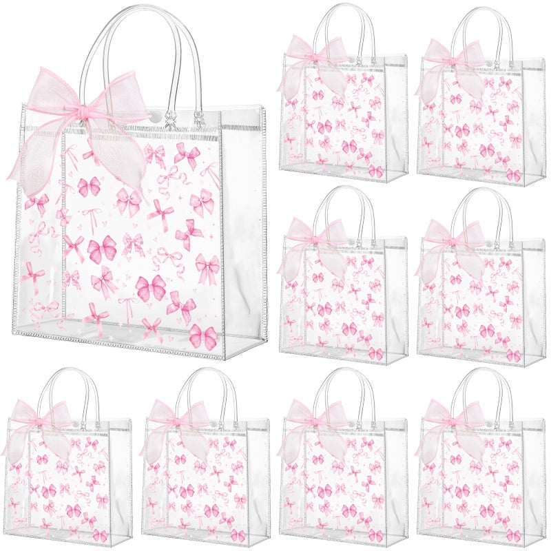 Wesnoy 24 Pcs Pink Bow Clear PVC Gift Bags with Handle and Ribbon Coquette Bowknot Reusable Plastic Party Favor Candy Treat Tote Bags for Birthday Party Supplies - Image 1