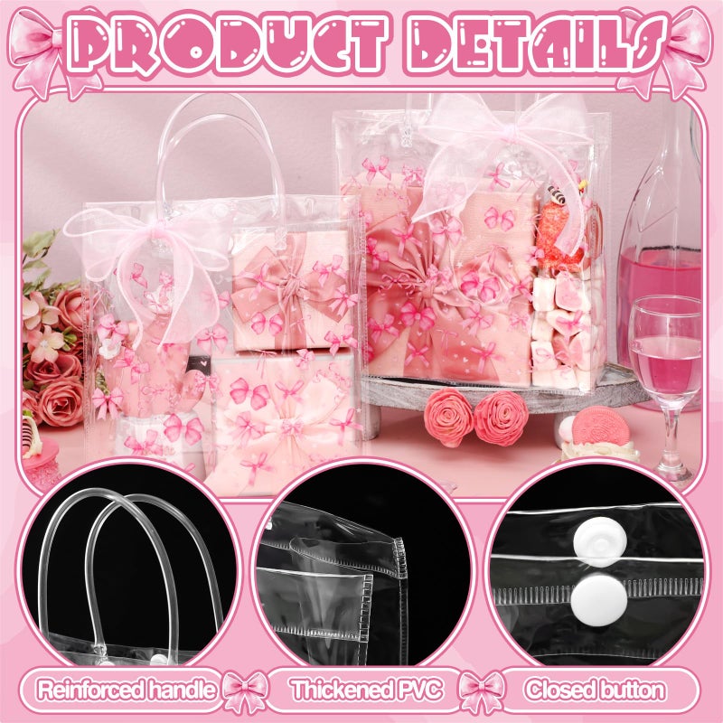 Wesnoy 24 Pcs Pink Bow Clear PVC Gift Bags with Handle and Ribbon Coquette Bowknot Reusable Plastic Party Favor Candy Treat Tote Bags for Birthday Party Supplies - Image 4