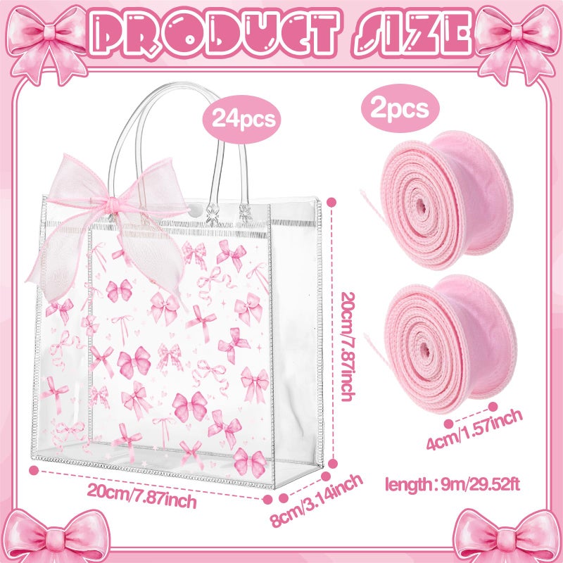 Wesnoy 24 Pcs Pink Bow Clear PVC Gift Bags with Handle and Ribbon Coquette Bowknot Reusable Plastic Party Favor Candy Treat Tote Bags for Birthday Party Supplies - Image 3