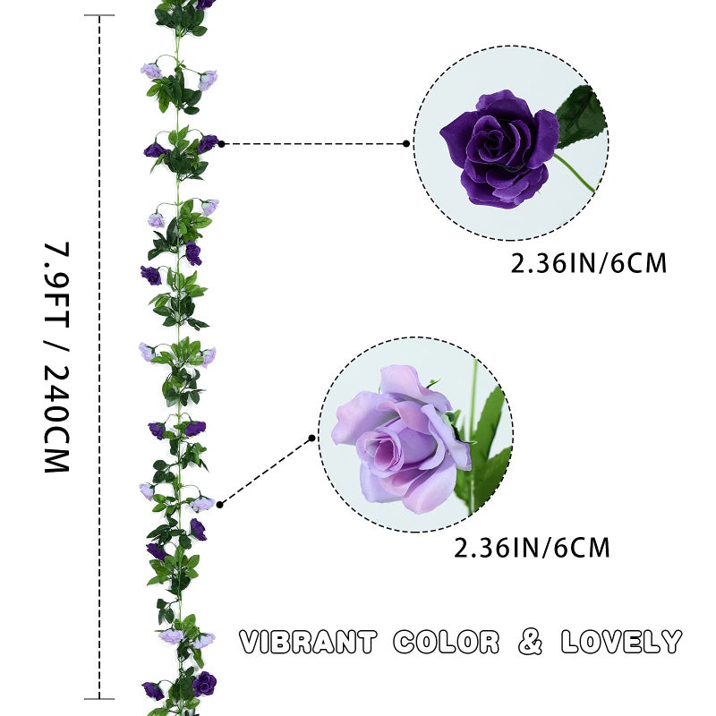 Floweroyal 6 Pack Artificial Flower Garlands 7.9FT Fake Rose Vines Silk Flowers Hanging Rose Ivy for Wedding Arch Party Home Garden Wall Decor (Purple) - Image 2