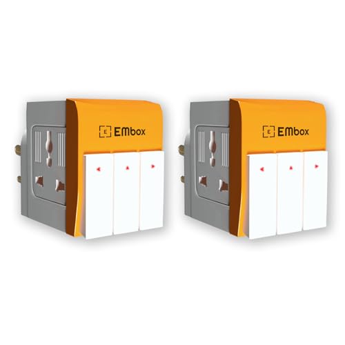 EMBOX 3 Pin Multi Plug Adapter with Individual Switch 3 Pin Plug Socket Safety Shutter Spike Buster Fuse Protected Adapter 3 Way Plug Extension for Home Office Travel-5A-250V, Pack of 2 Orange - Image 1