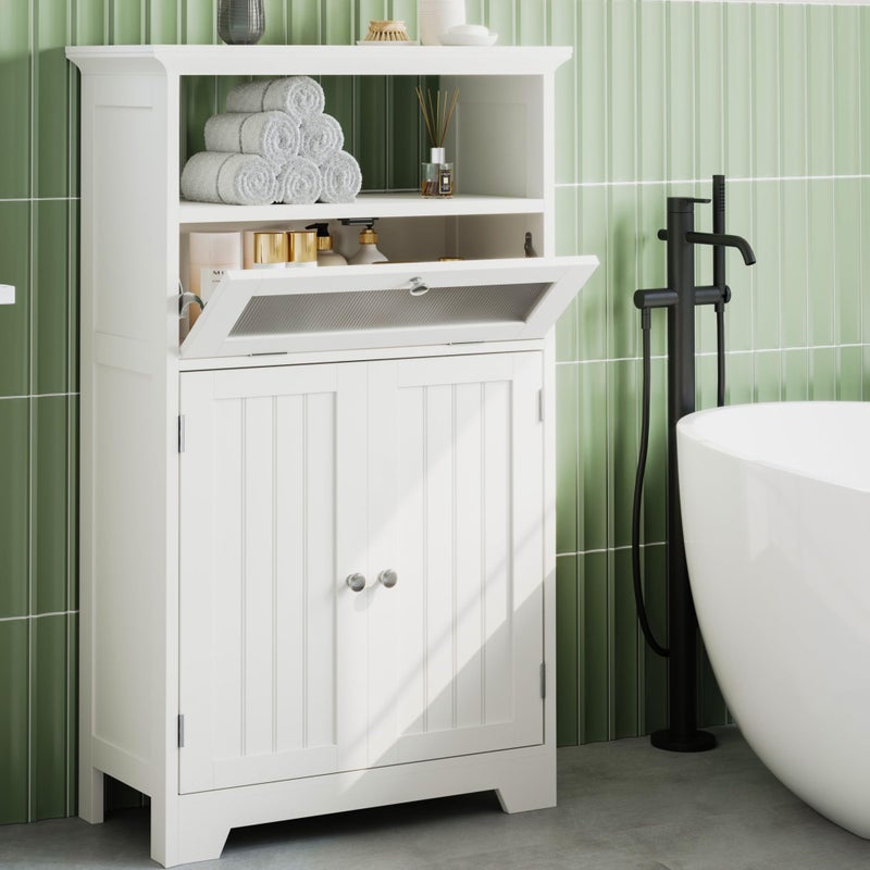 ChooChoo Bathroom Floor Storage Cabinet with Flip Glass Drawer Freestanding with 2 Doors Adjustable Shelf  Open Storage for Living Room Hallway White