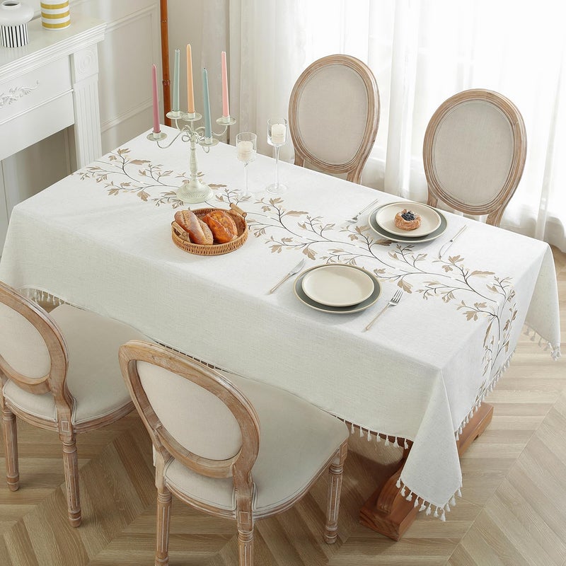 Jia le JIALE Rectangle Table Cloth, Heavy Duty Cotton Linen Waterproof Tablecloths Farmhouse Tablecloth, Soft and Wrinkle Free Table Cover with Tassels, Coffee Flower, 55''x70'' - Image 2