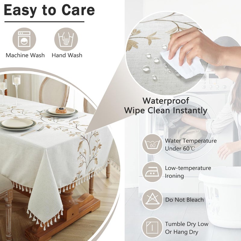 Jia le JIALE Rectangle Table Cloth, Heavy Duty Cotton Linen Waterproof Tablecloths Farmhouse Tablecloth, Soft and Wrinkle Free Table Cover with Tassels, Coffee Flower, 55''x70'' - Image 4