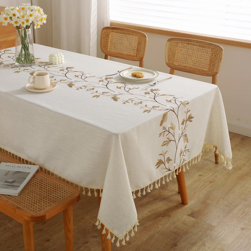 Jia le JIALE Rectangle Table Cloth, Heavy Duty Cotton Linen Waterproof Tablecloths Farmhouse Tablecloth, Soft and Wrinkle Free Table Cover with Tassels, Coffee Flower, 55''x70'' - Image 1