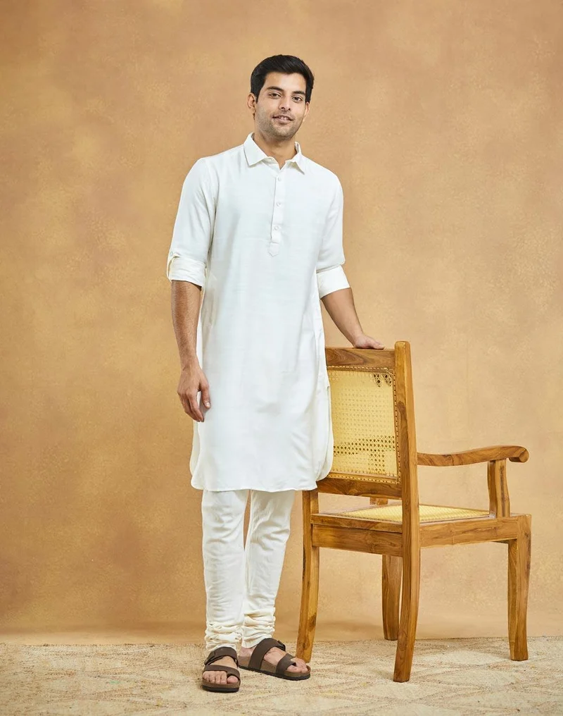Fabindia White Viscose Silk Slim Fit Pathani
