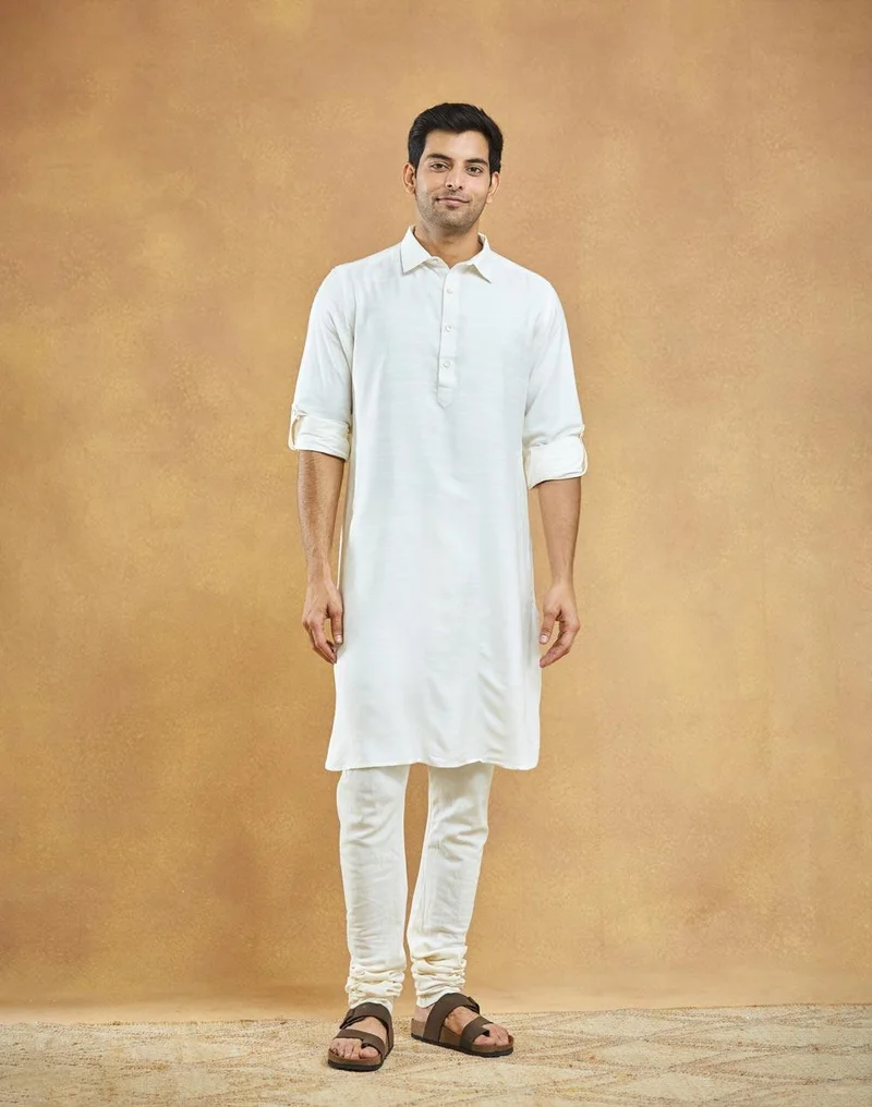 Fabindia White Viscose Silk Slim Fit Pathani