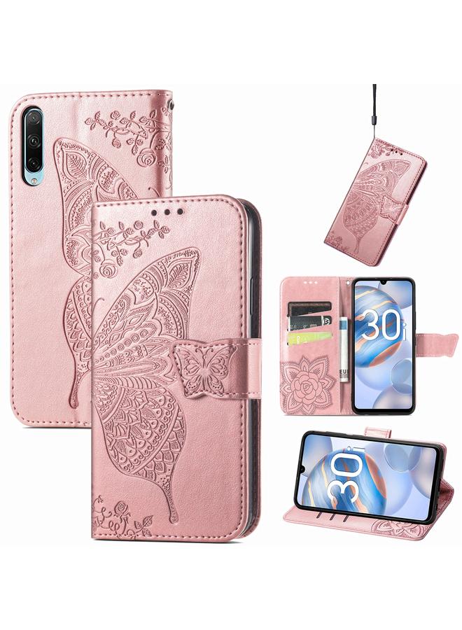 اس-توب جراب هاتف Honor 30i من الجلد المنقوش بنقشة زهور الحب والفراشات - Image 1