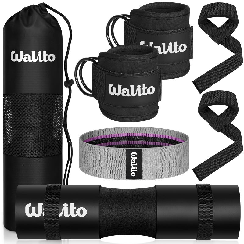 WALITO 8Pcs Barbell Pad Set for Hip Thrust - Squat Pad,Gym Accessories for Women with Bar Bad,Bench Press, with Gym Ankle Straps,Resistance Bands for Working Out,Lifting Strap,Carry Bag - Image 1