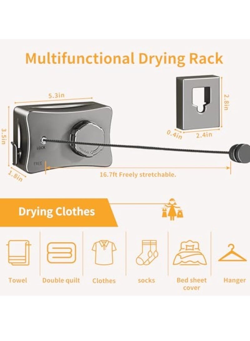 Retractable Clothesline Outdoor, Wall Mounted Drying Rack Clothesline Indoor, 16.7 Ft Stainless Steel Wire Single Clothes Lines, Hanging Clothes line for Balcony, Bathroom, Courtyards, Laundry Rooms（Gunmetal Gray） - Image 2