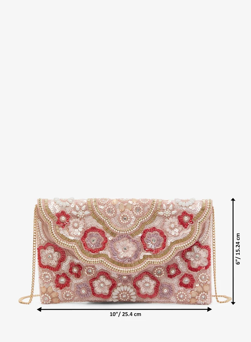 Ginger Boutique Pink Embroidered Beaded Floral Clutch for Women | Best Price UAE