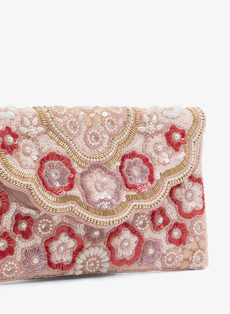 Ginger Boutique Pink Embroidered Beaded Floral Clutch for Women | Best Price UAE