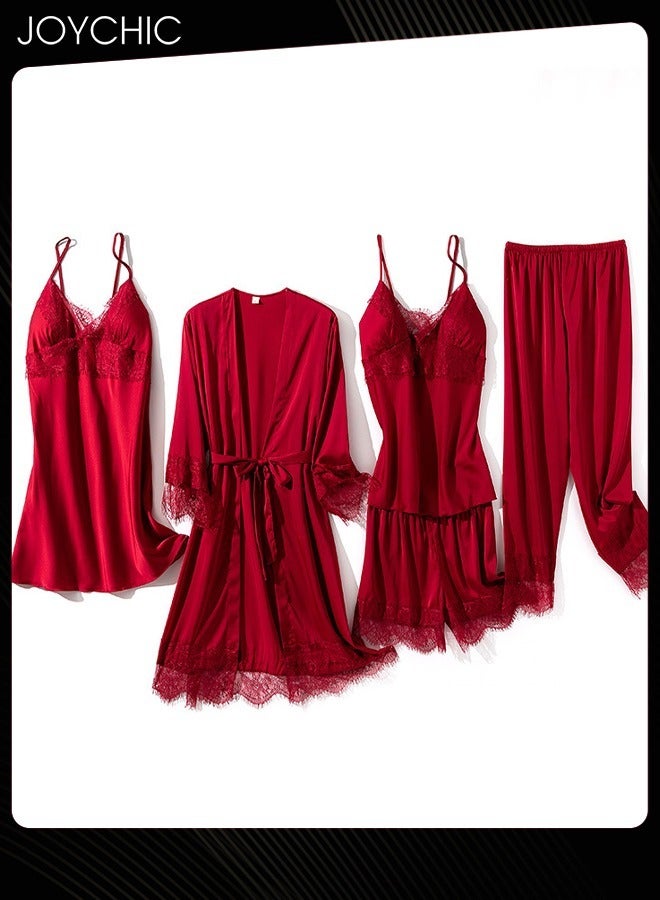 Joychic 5-Piece Spring and Autumn Winter Warm Pyjama Set for Women Ice Silk  Lace Comfortable  and Breathable V-neck Home Sleepwear Wine Red - Image 1