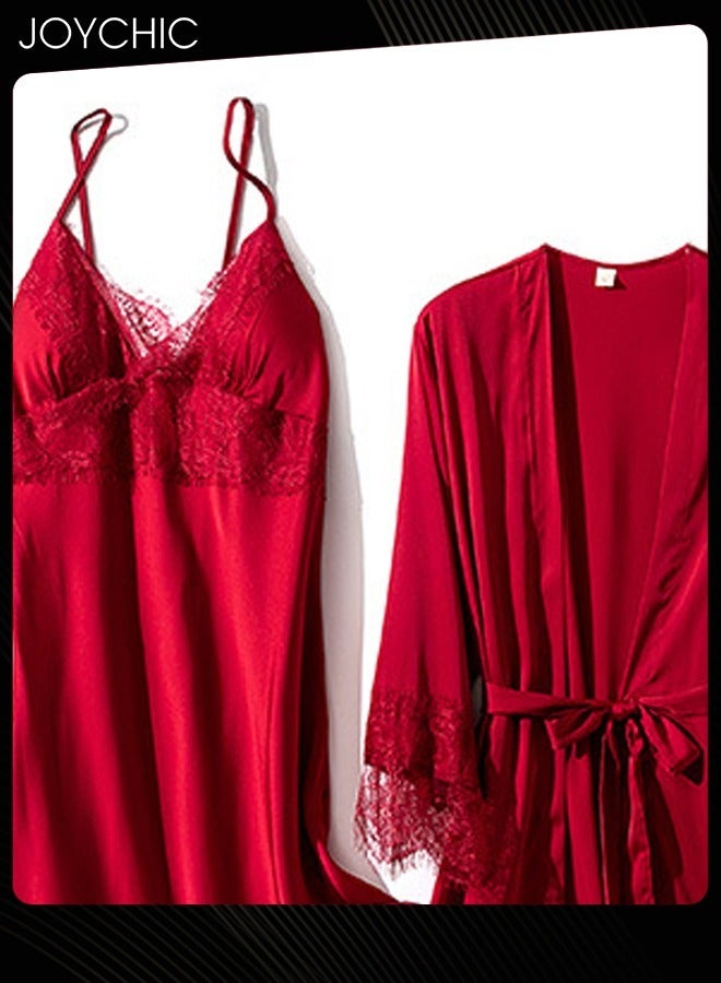 Joychic 5-Piece Spring and Autumn Winter Warm Pyjama Set for Women Ice Silk  Lace Comfortable  and Breathable V-neck Home Sleepwear Wine Red - Image 2