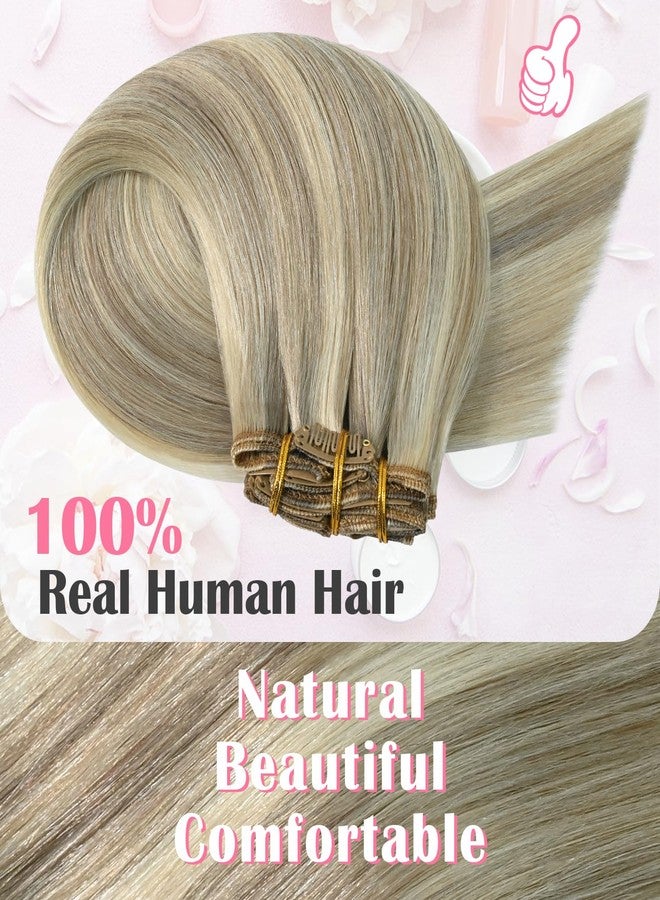 Aison Ash Blonde Clip in Hair Extensions Real Human Hair 85G 100% Remy Human Hair for Women 7pcs 16clips (18 Inch #18P613) - Image 4
