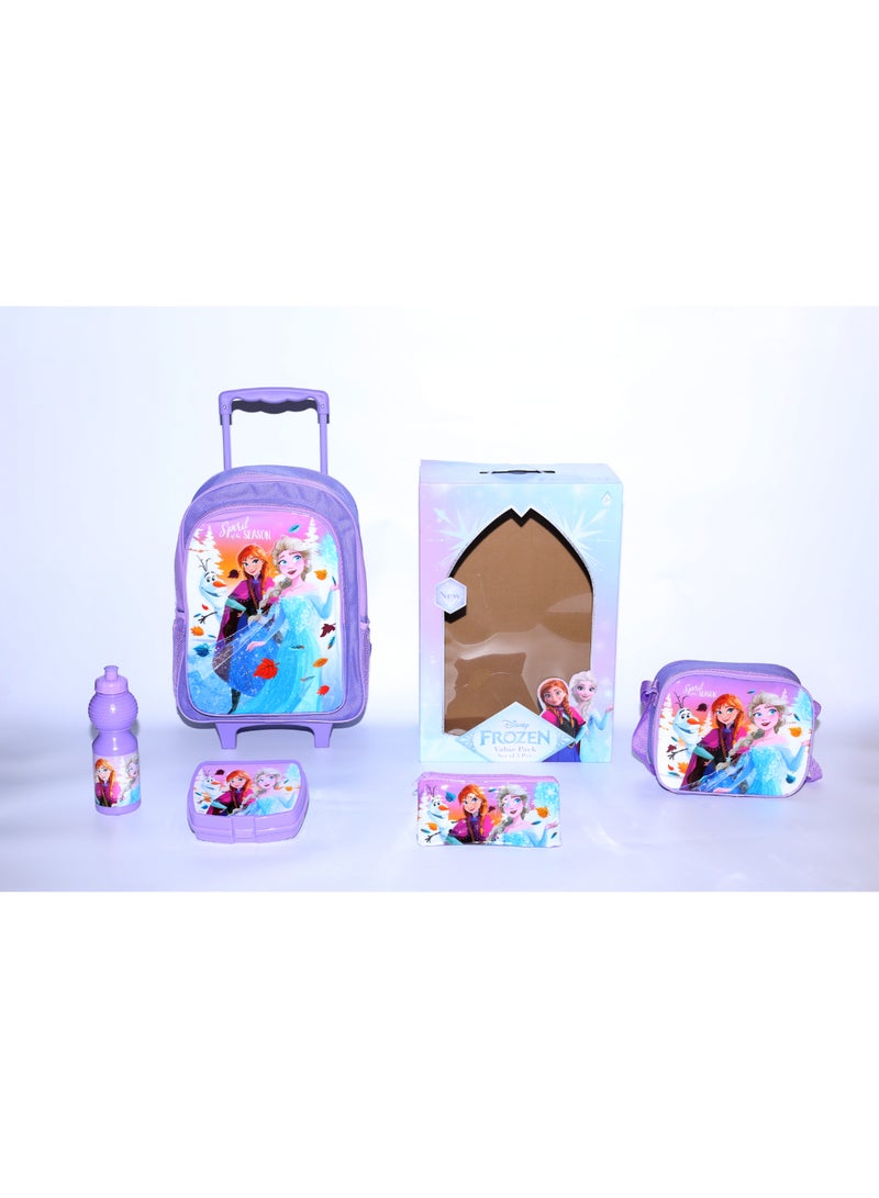 Disney Frozen 5 in 1 Value Pack (16" Trolley Bag with Lunch Box, Lunch bag, Water Bottle and Pencil Case) - Image 1