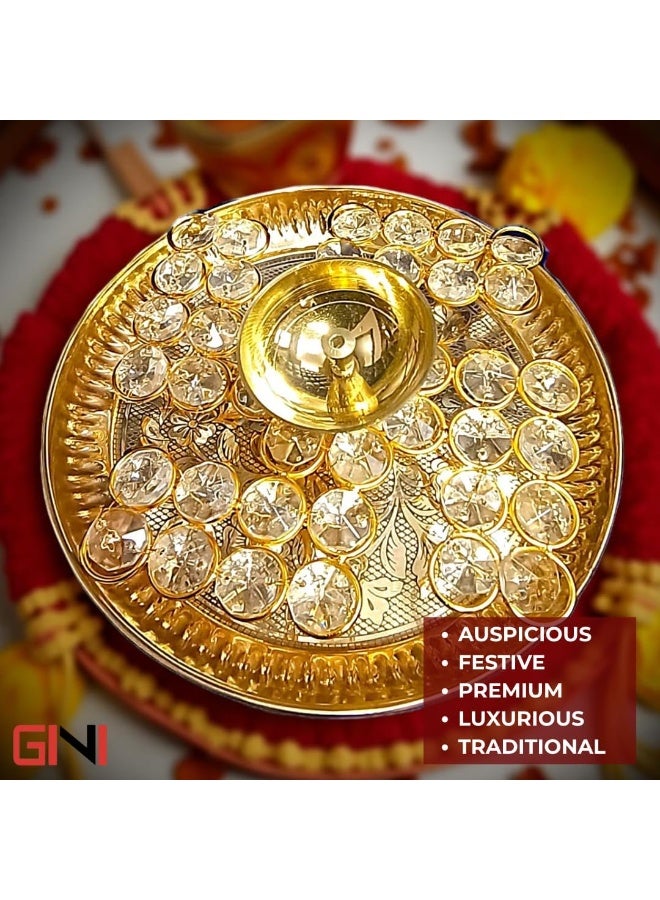 جيني GINI Crystal Swastik Brass Diya & Thali، مصباح زيت ديباك المزخرف ومجموعة هدايا ثالي - Image 4