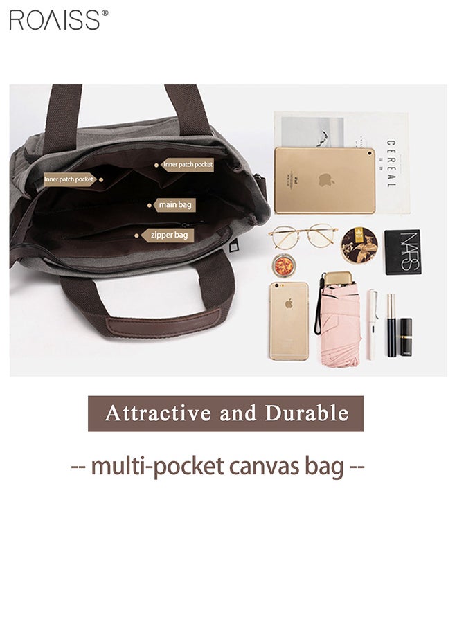 roaiss - Women's Canvas Commuter Handbag Fashion Versatile Messenger Bag Large Capacity Multi Pocket Adjustable Detachable Shoulder Strap Tote Bag - Image 1