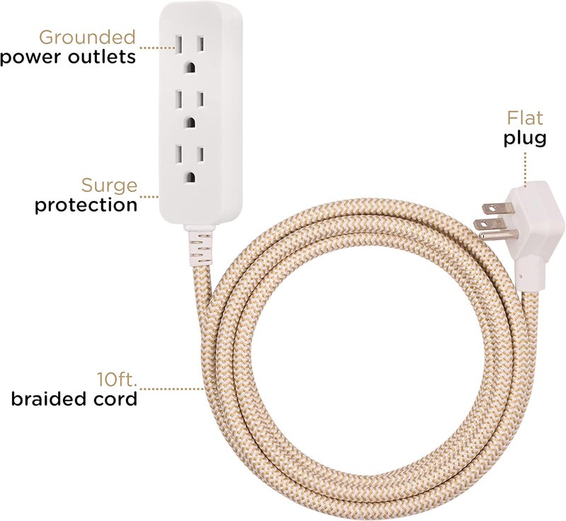 Cordinate 3 Outlet Power Strip Surge Protector Indoor Extension Cord 16 Gauge 245 Joules 10 Ft 3 Prong Braided Extension Cords Flat Extension Cord ETL Listed Brown 37916 - Image 2