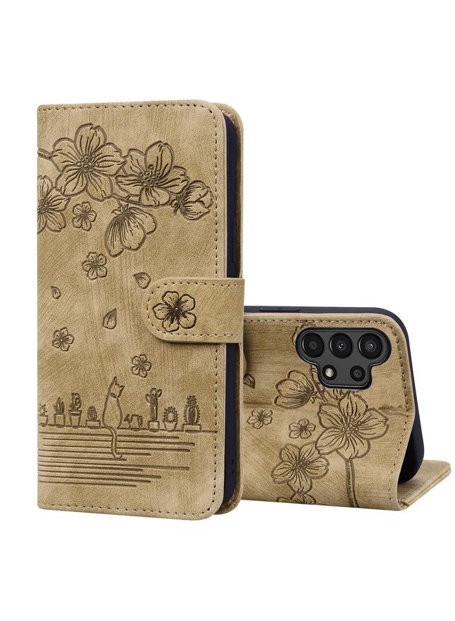 S-TOP Case For Samsung Galaxy A13 4G / 5G Cartoon Sakura Cat Embossed Leather Phone Case - Image 1