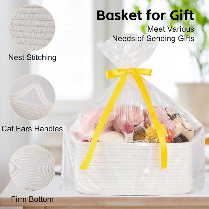OIAHOMY Woven Basket Gift Basket Empty with Gift Bags and Ribbons Rope Baskets for Baby Showers Storage Baskets with Handles for Nursery Pet Toy Organizer  White - Image 4