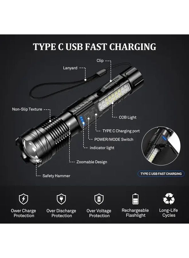 Black ABS Multi Mode Outdoor LED Flashlight Type C USB Charging Portable Lanyard - Image 3