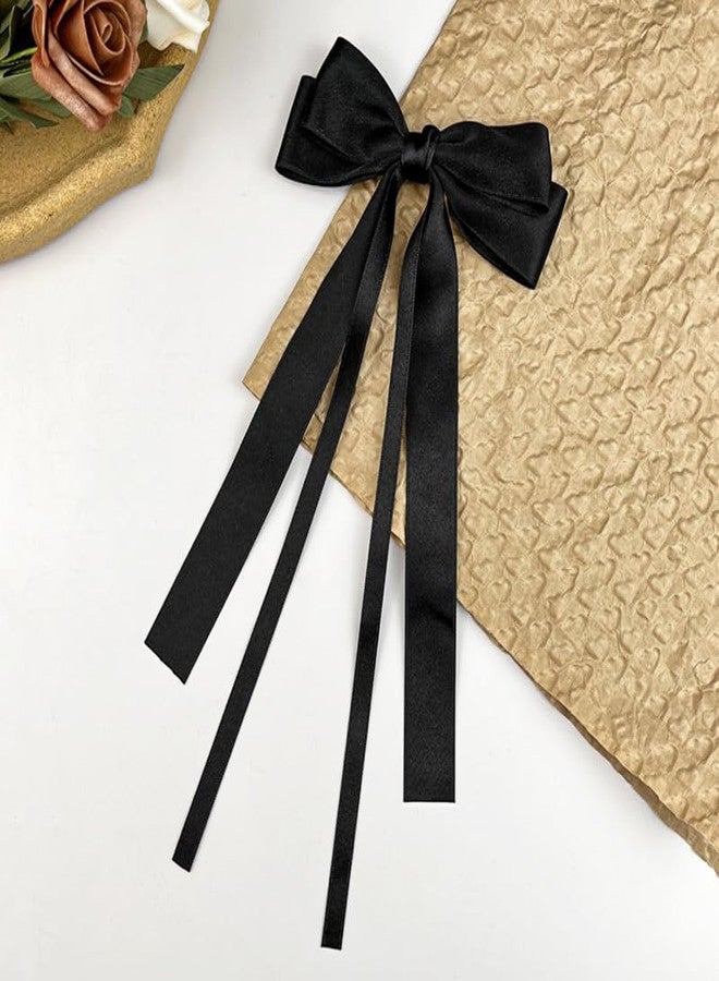 Cerun 2 Pcs Premium PHair Clip with Long Tail Ribbon Bows for Hair Design, Satin Hair Clips for Women Girls, 2 Pack (Black, Beige) - Image 2
