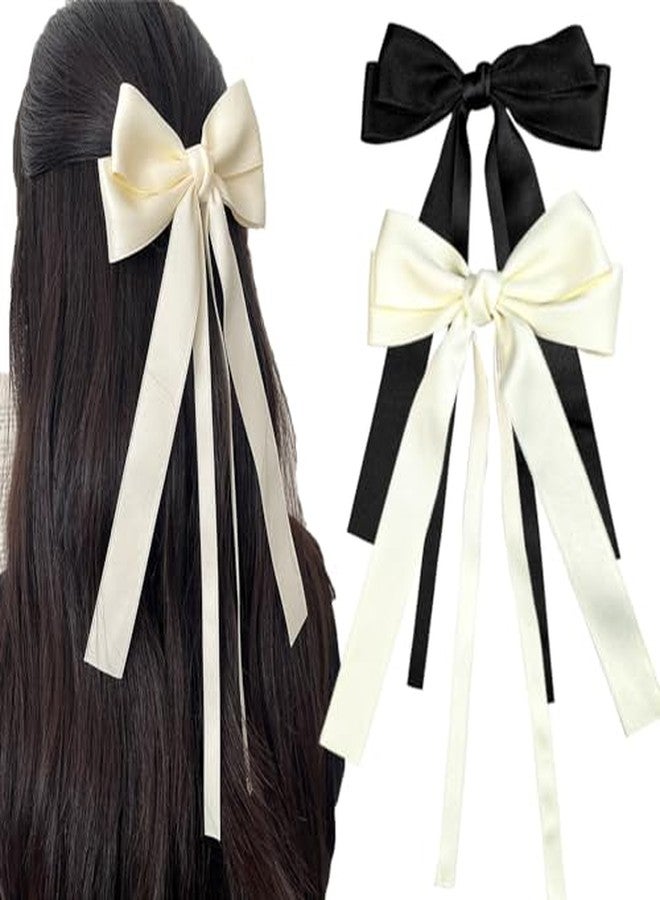 Cerun 2 Pcs Premium PHair Clip with Long Tail Ribbon Bows for Hair Design, Satin Hair Clips for Women Girls, 2 Pack (Black, Beige) - Image 1