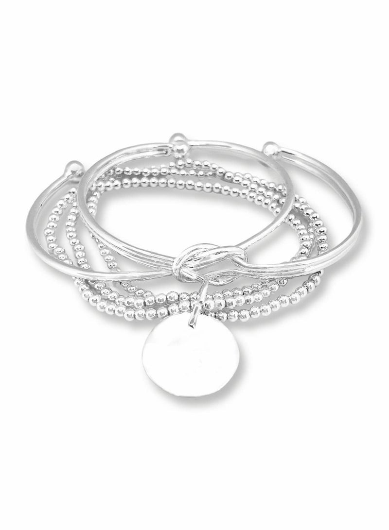 Y&D Stacking Bracelet Set for Women with 3 Pieces. Silver Beaded Bracelet, Knot Cuff Bangle and Torque Bracelets. Jewellery Gift Her - Image 1