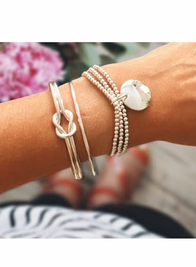 Y&D Stacking Bracelet Set for Women with 3 Pieces. Silver Beaded Bracelet, Knot Cuff Bangle and Torque Bracelets. Jewellery Gift Her - Image 2