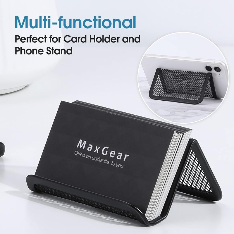 MaxGear Metal Mesh Business Card Holder 3 Pack, Heavy Duty Desk Desktop Organizer, Modern Grid Card Stand Display for Men Holds 50 Cards, Black, Office Accessories - Image 4