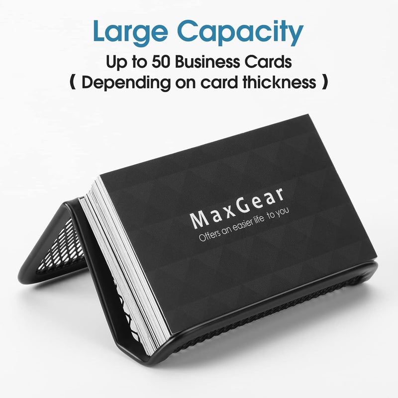 MaxGear Metal Mesh Business Card Holder 3 Pack, Heavy Duty Desk Desktop Organizer, Modern Grid Card Stand Display for Men Holds 50 Cards, Black, Office Accessories - Image 3