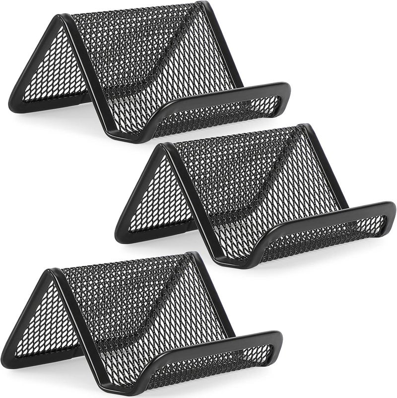 MaxGear Metal Mesh Business Card Holder 3 Pack, Heavy Duty Desk Desktop Organizer, Modern Grid Card Stand Display for Men Holds 50 Cards, Black, Office Accessories - Image 1