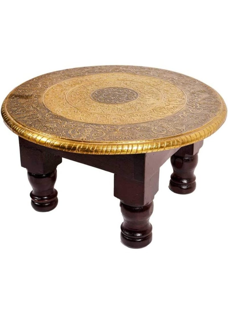 QUESERA Wooden Brass Round Handmade Brass Chowki Wooden Handmade Bajot Puja Bajot  - Image 2