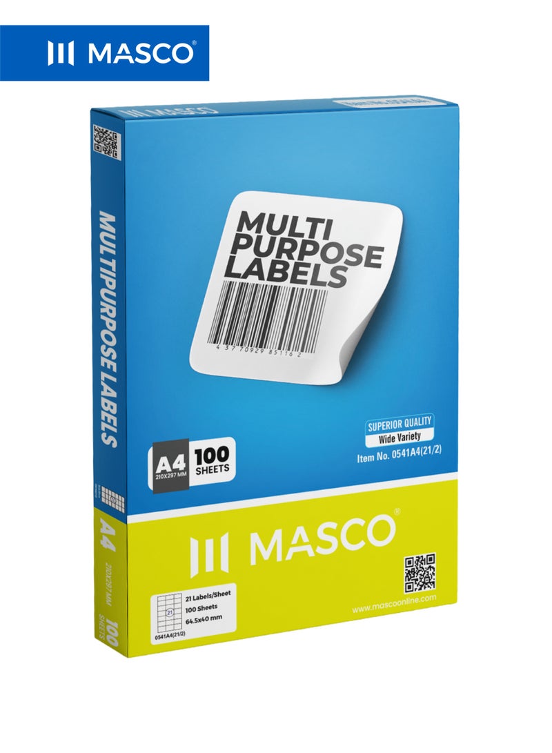 ماسكو ملصقات ذاتية اللصق متعددة الاستخدام A4، مقاس 64.5×40 مم، 21 ملصق لكل ورقة، 100 ورقة، متوافقة مع الطابعات - Image 1
