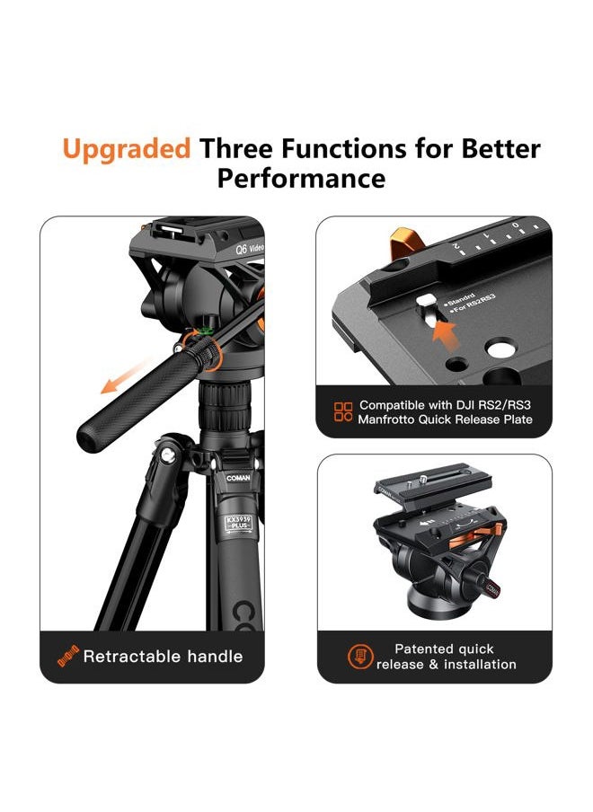 Fluid Head Tripod for DSLR Camcorder,Camera Monopod Tripod 360° Pan&+90°/-70° Tilt,New Q6 Fluid Head Aluminum Alloy QR Plate Compatible with DJI RS Gimbal Manfrotto Max Load 17.6lb