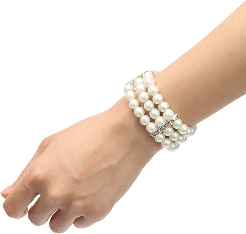 Coolrunner Ladies Faux Pearls Accent Off White Stretch Wrist Bracelet Jewelry (Pearl style3) - Image 4