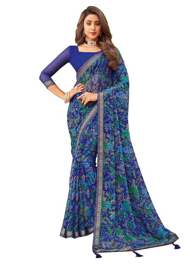 SIRIL Women's Floral Printed Chiffon Saree with Blouse - Image 1