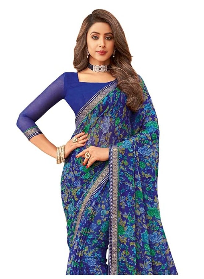 SIRIL Women's Floral Printed Chiffon Saree with Blouse - Image 2