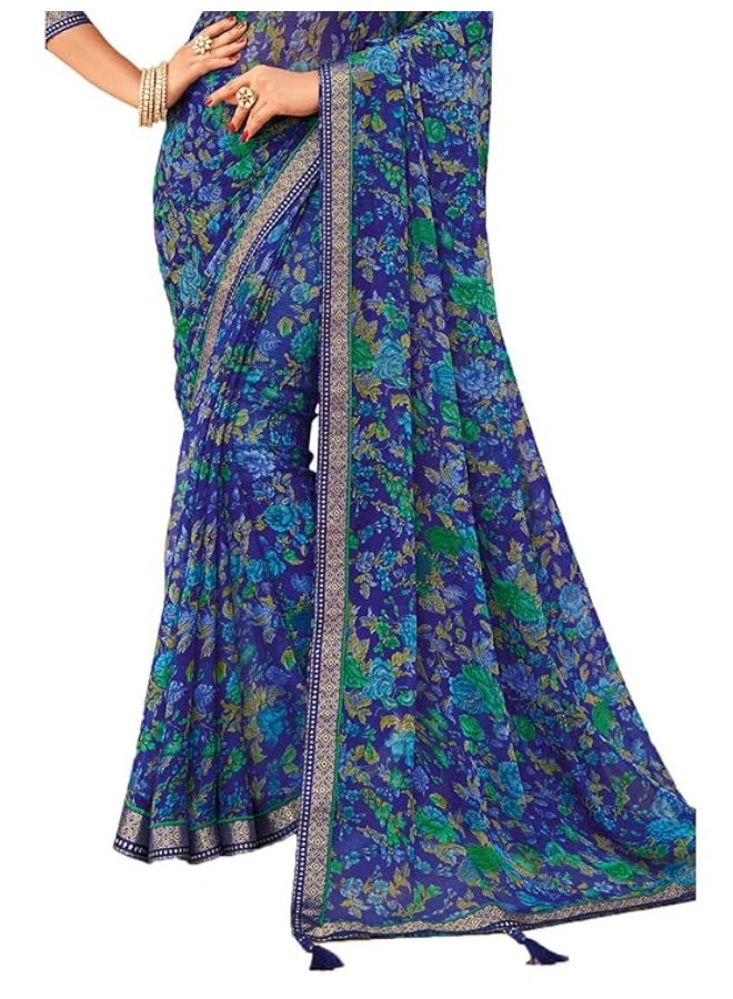 SIRIL Women's Floral Printed Chiffon Saree with Blouse - Image 4