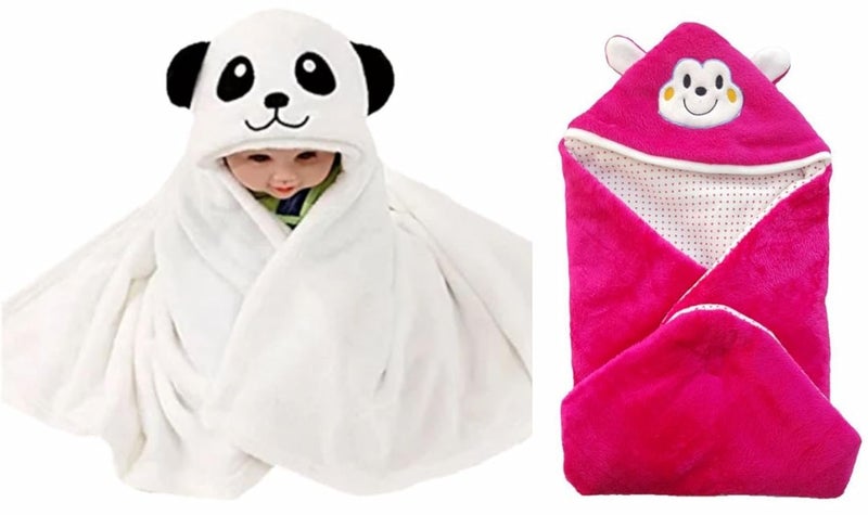 Brandonn BRANDONN Newborn Combo of Furry Glacier Hooded Smily Baby Blanket and Premium Glacier Hooded Baby Wrapper(Pack of 2; White Panda & Rani) - Image 1