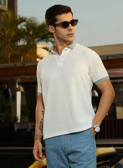 كامبوس سوترا Men's Chalk White & Sage Green Contrast Ribbed Polo T-Shirt