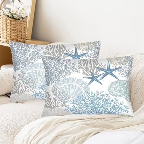 AELMARNEE Beach Theme Throw Pillow Cover Queen Size Set of 2,Nautical Blue Coral Starfish Ocean Marine Coastal,Lumbar Pillow Case Standard Pillow Cases with Zipper Decorative Cushion Covers,20"x30",Teal Blue - Image 2