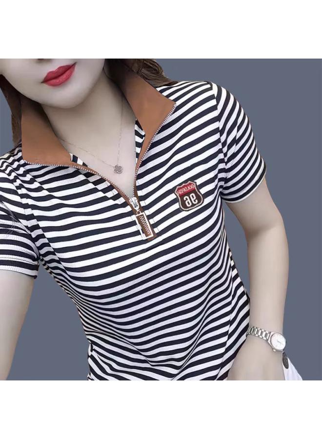 Polo Shirt Striped Short-sleeved T-shirt Women's New Style Stand Collar Half-zipper Fashion Lapel Color Contrast Casual All-match Top 