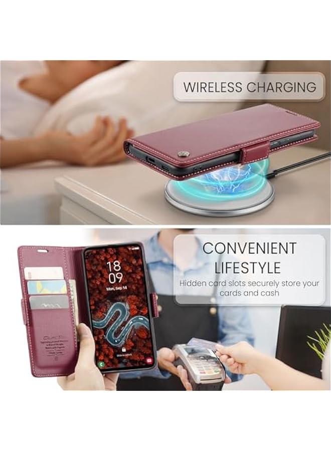 Red PU Leather RFID Blocking Wallet Case for Samsung Galaxy S25 with Credit Card Holder, Folio Flip Design, Kickstand, Magnetic Clasp - Stylish and Protective Phone Case for Men and Women - Image 2