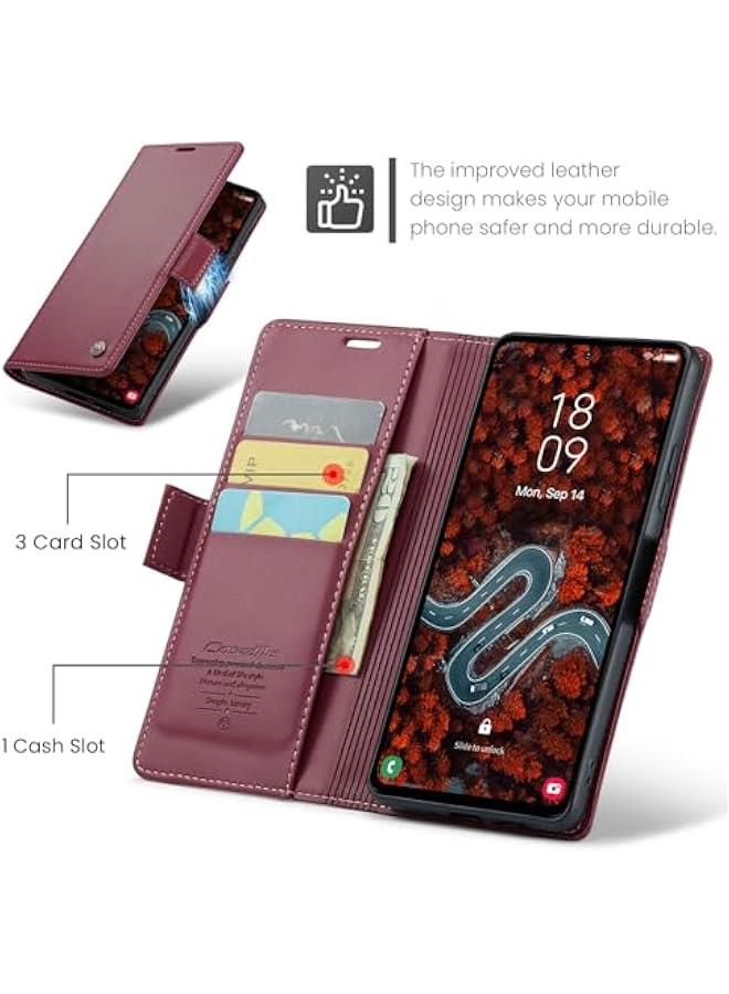 Red PU Leather RFID Blocking Wallet Case for Samsung Galaxy S25 with Credit Card Holder, Folio Flip Design, Kickstand, Magnetic Clasp - Stylish and Protective Phone Case for Men and Women - Image 3