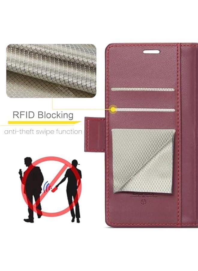 Red PU Leather RFID Blocking Wallet Case for Samsung Galaxy S25 with Credit Card Holder, Folio Flip Design, Kickstand, Magnetic Clasp - Stylish and Protective Phone Case for Men and Women - Image 4