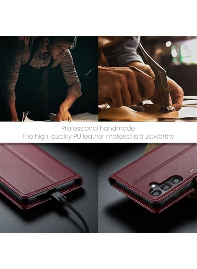 Red PU Leather RFID Blocking Wallet Case for Samsung Galaxy S25 with Credit Card Holder, Folio Flip Design, Kickstand, Magnetic Clasp - Stylish and Protective Phone Case for Men and Women - Image 5